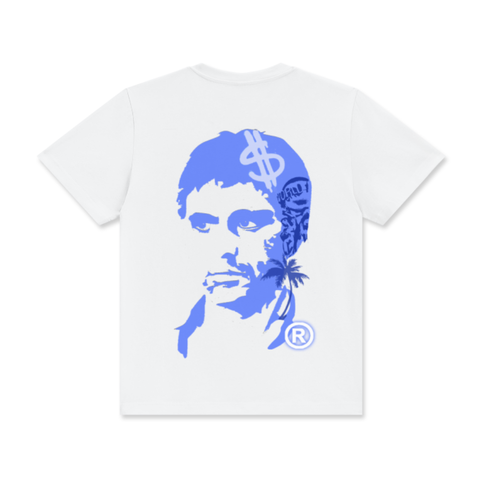 "SCARFACE 13" - Blue on white, short sleeve t-shirt