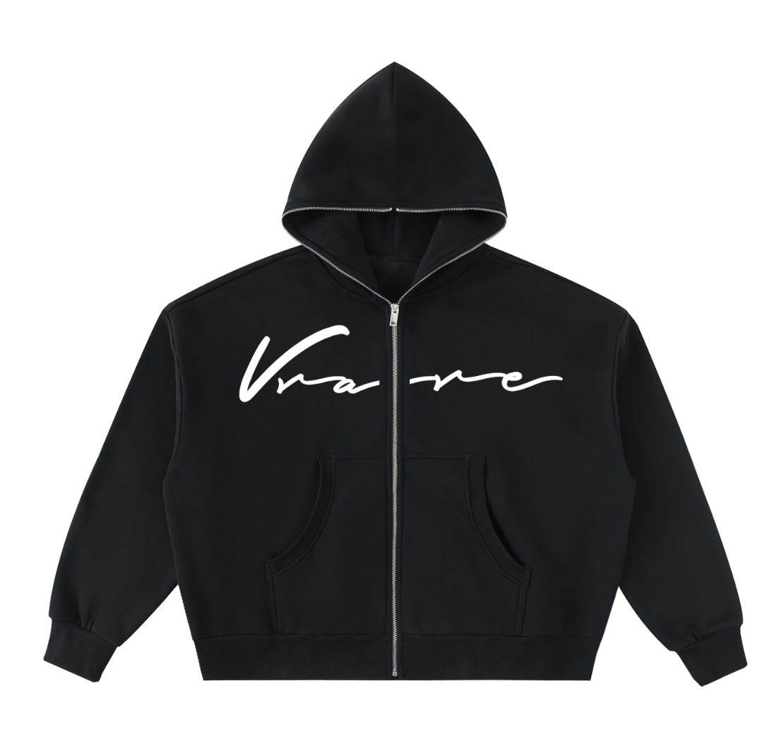 Vrare Script - Full Zip up black heavy cotton hoodie