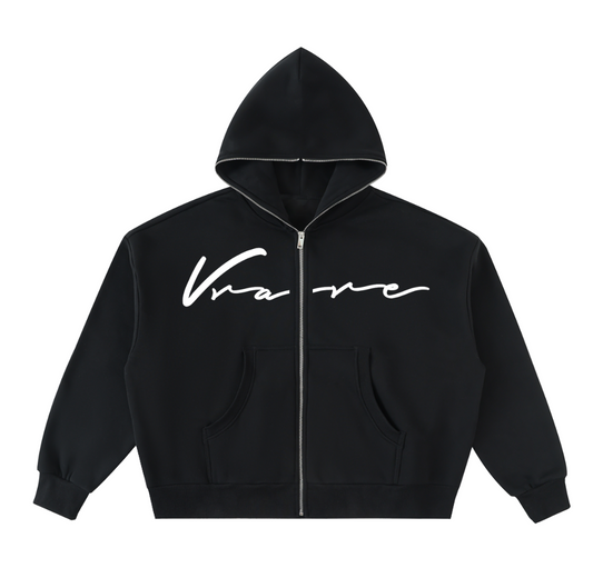 Vrare Script - Full Zip up black heavy cotton hoodie
