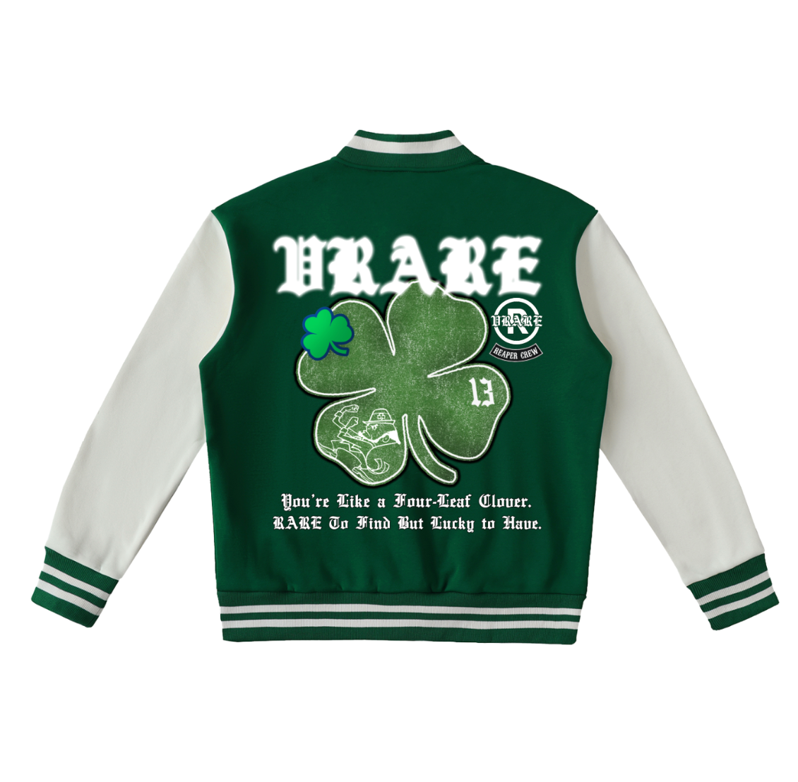 Four Leaf Clover - Varsity Jacket "rare to find, lucky to have"