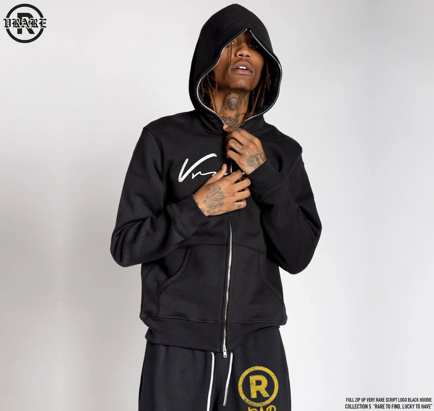 Vrare Script - Full Zip up black heavy cotton hoodie