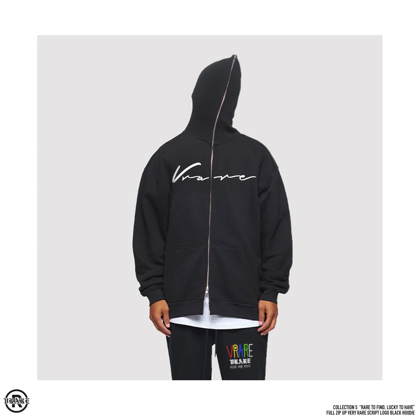 Vrare Script - Full Zip up black heavy cotton hoodie