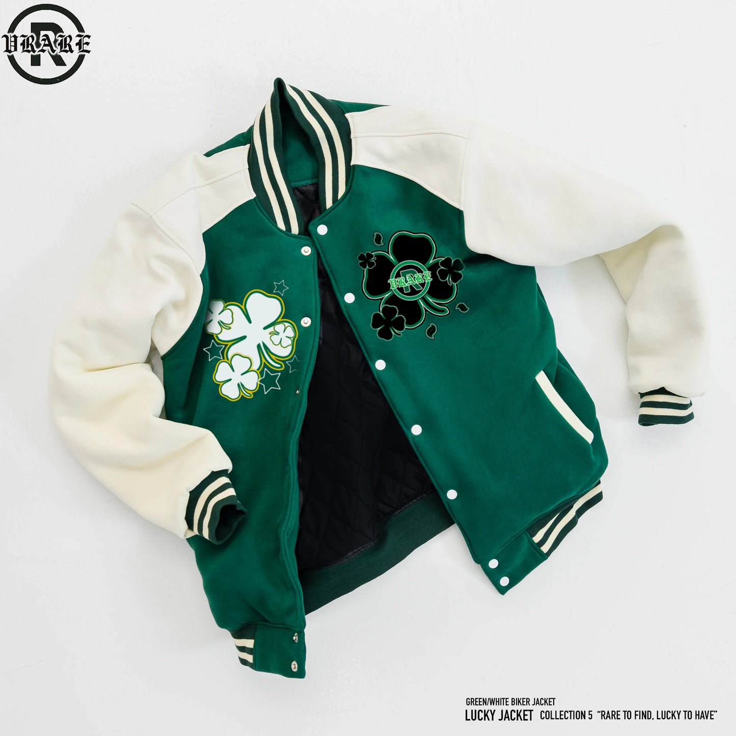 Four Leaf Clover - Varsity Jacket "rare to find, lucky to have"