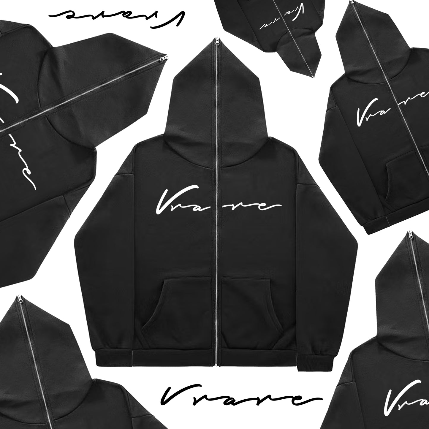 Vrare Script - Full Zip up black heavy cotton hoodie